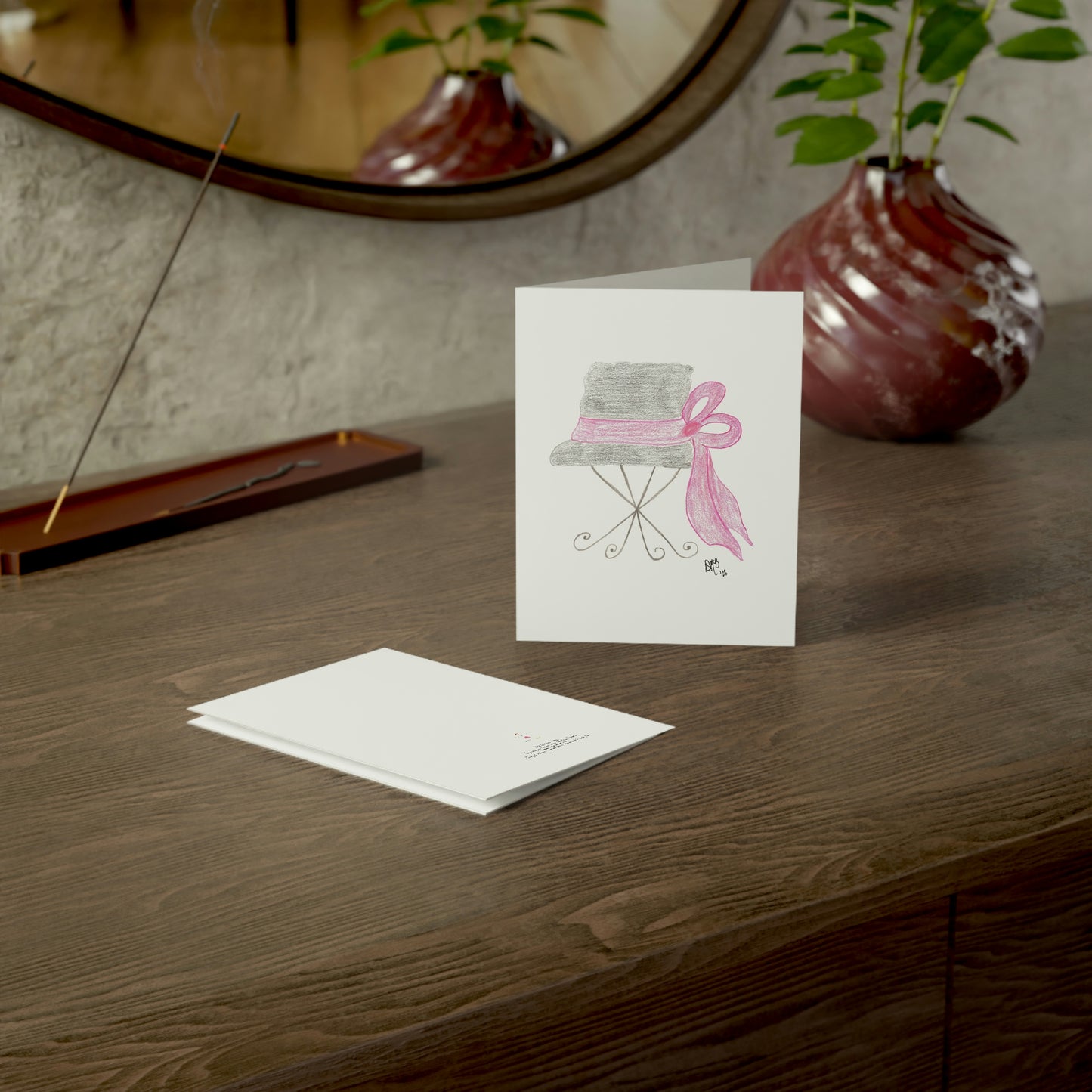 Blank Notecard - Black Hat with Magenta Ribbon